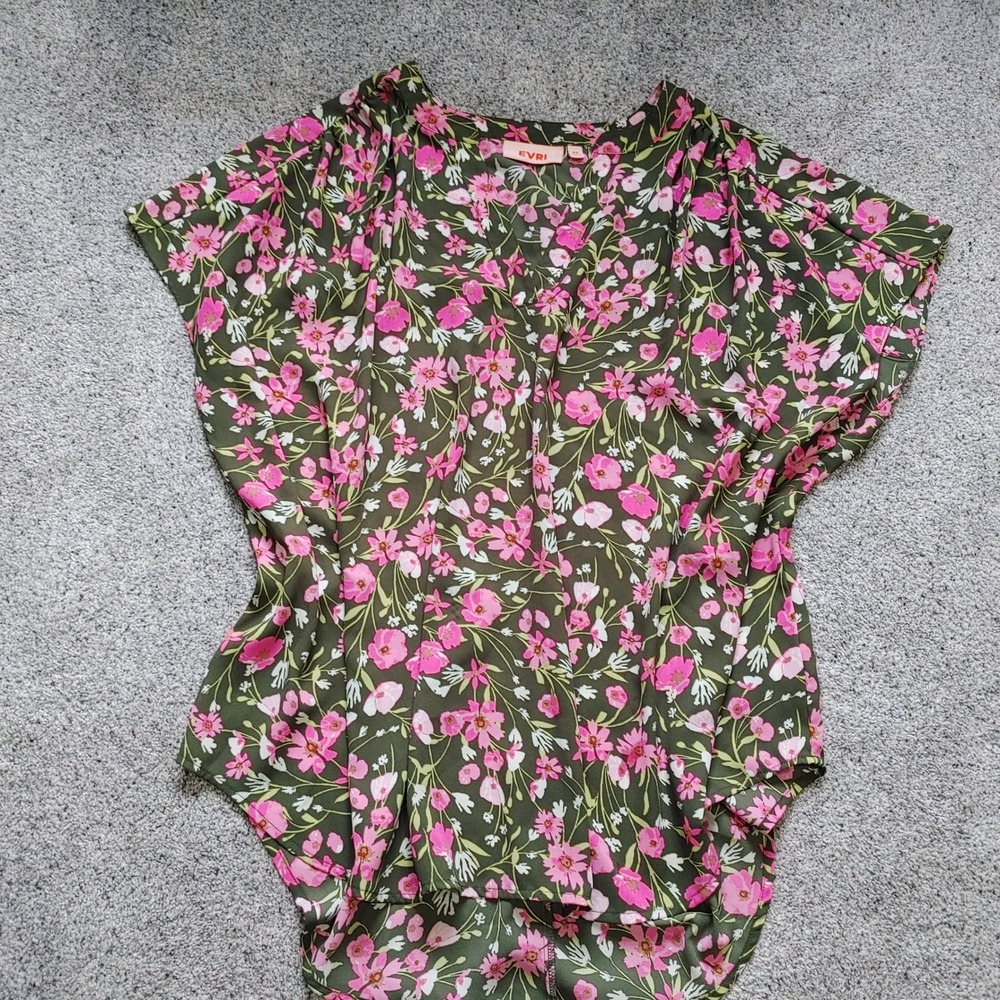 Tunic EVRI Womens 2X Blouse Olive Pink Floral Split V-Neck Short Sleeve Top